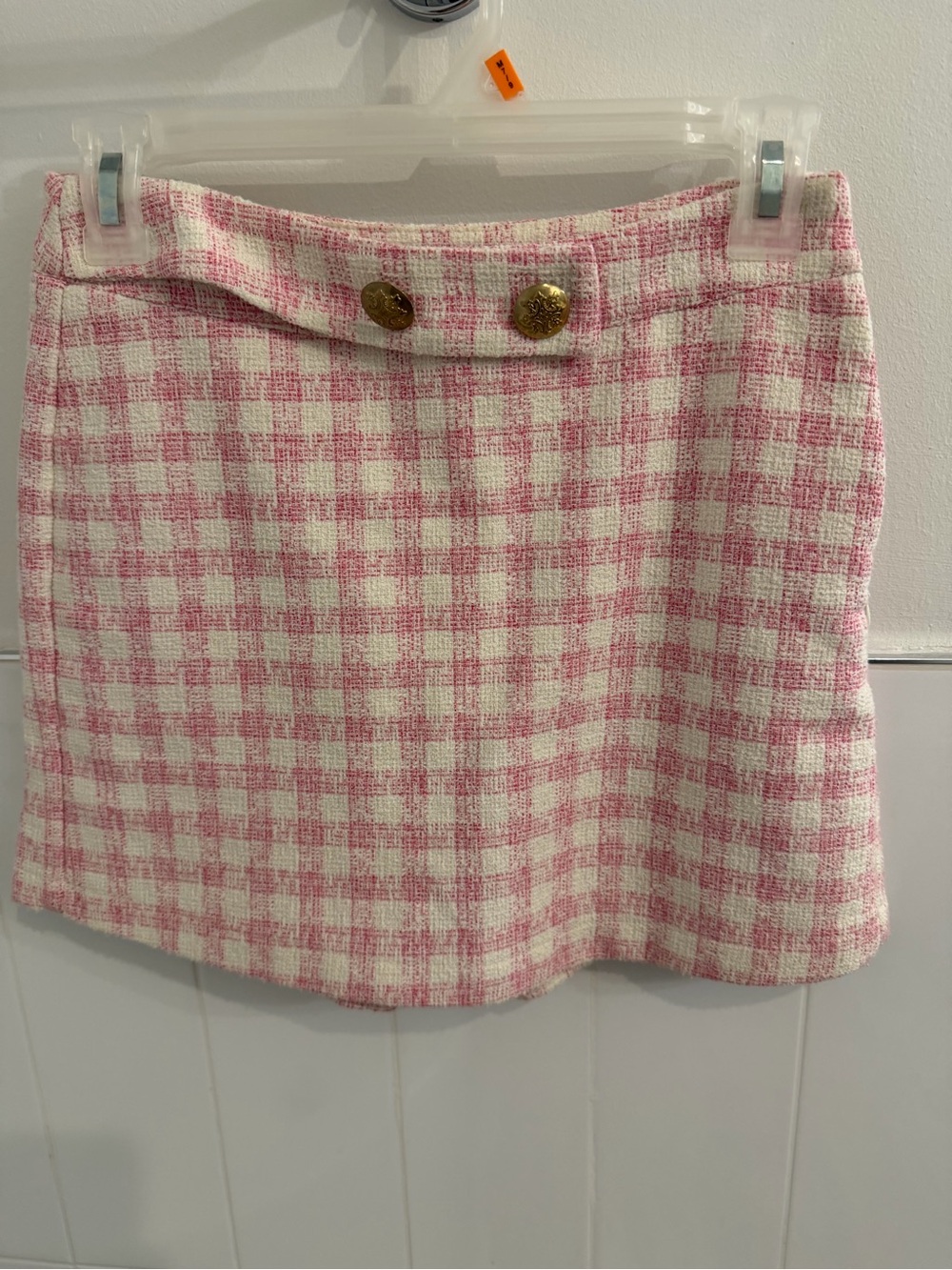 Zara Pink and White Check Tweed Mini Skirt with Gold Buttons